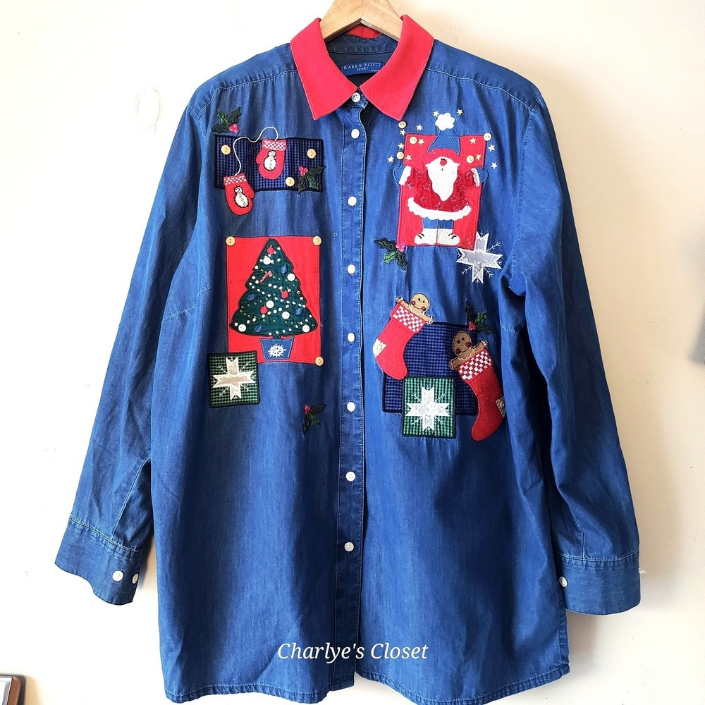 Contrast Collar Patchwork Xmas Shirt 1X Santa Tree Mittens Gingerbread Festive